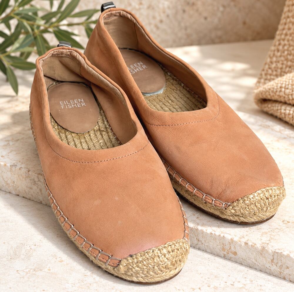 Eileen Fisher Espadrille Flats Mauve Taupe Leather Size 7.5 Comfort Slip On